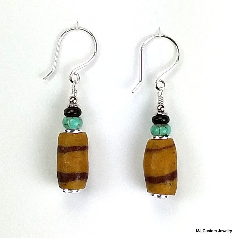 African Trade Bead, Turquoise & Camel Bone Earrings