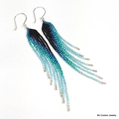 Jet, Teal, Aqua Gradient Fringe Chandelier Earrings