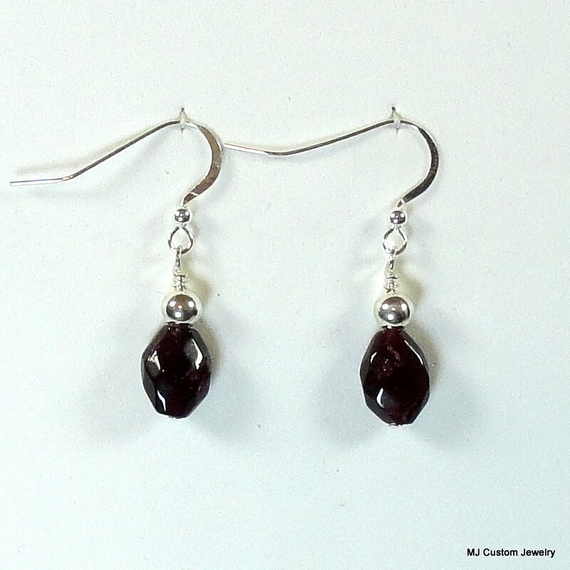 Garnet Faceted Nugget & Silver Ball Earrings