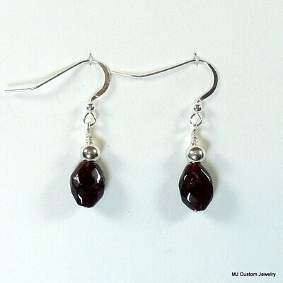Garnet Faceted Nugget & Silver Ball Earrings
