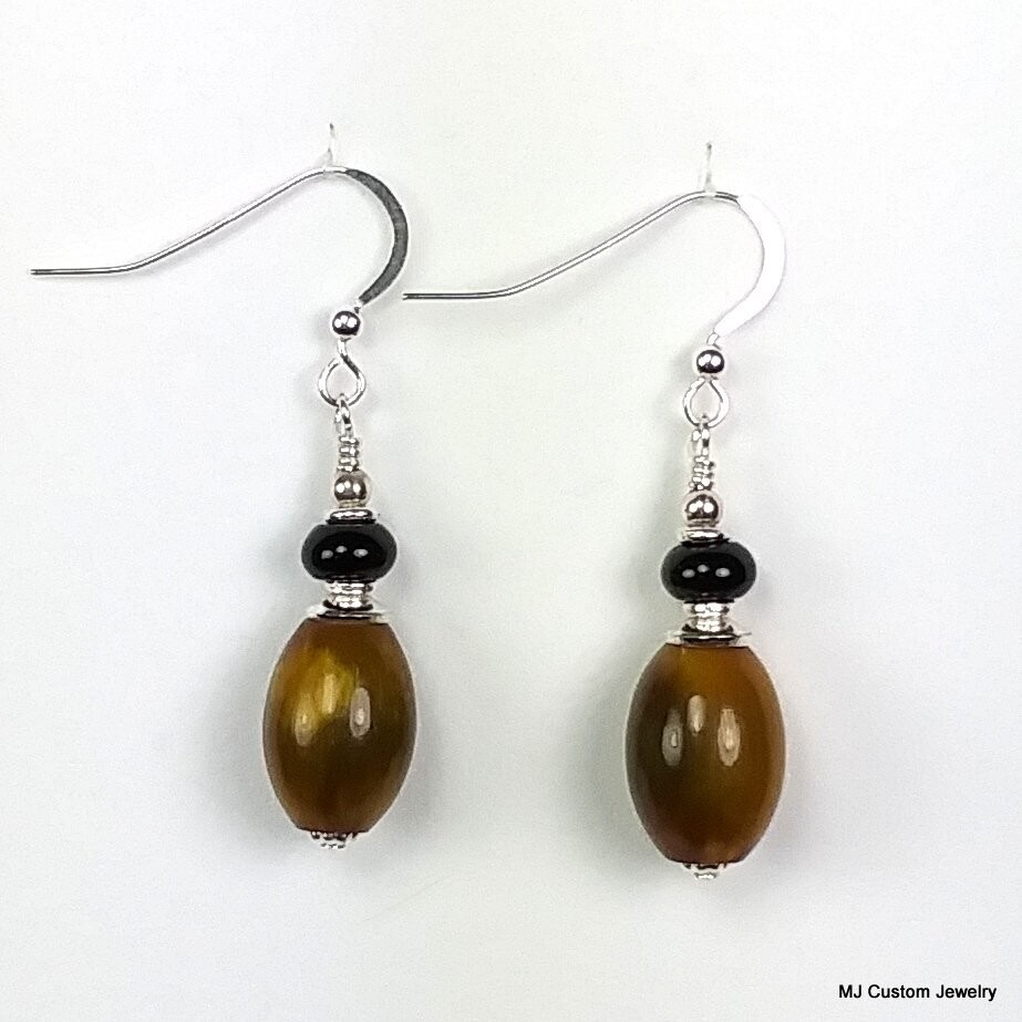 Amber Buffalo Horn & Black Agate Earrings