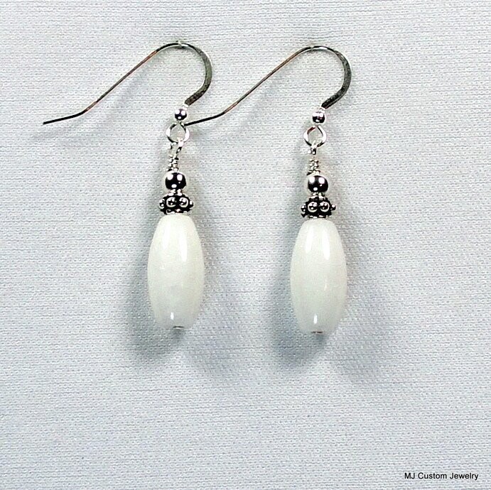 White Jade Gemstone Melons & Bali Silver Earrings