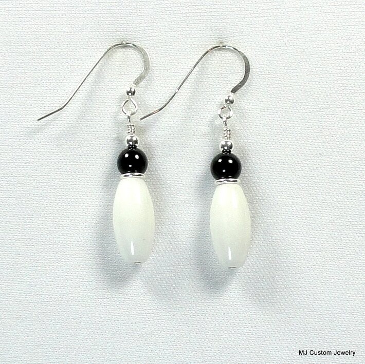 White Jade Melons & Black Onyx Gemstone Earrings