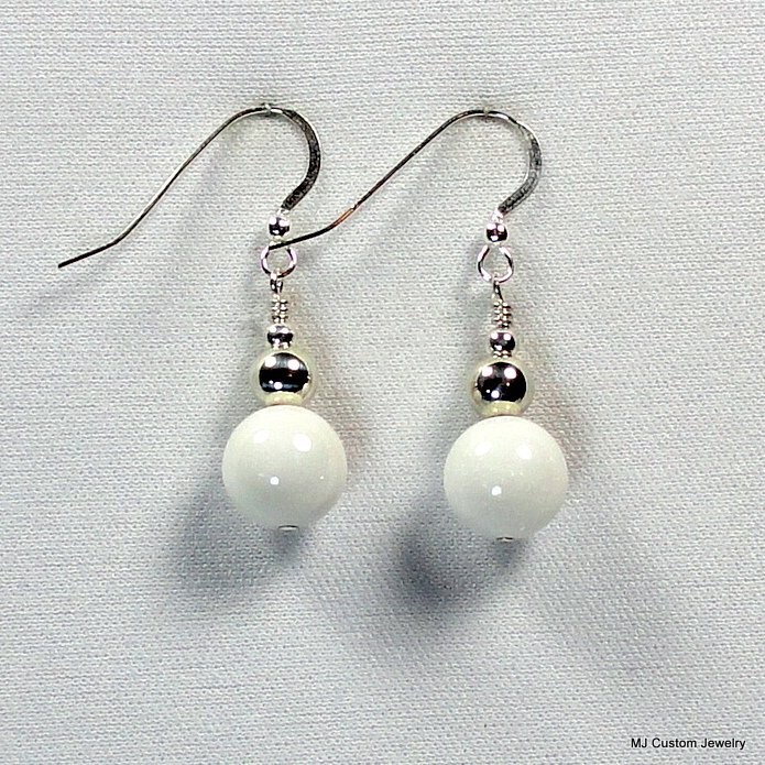 White Jade Gemstones & Silver Ball Earrings