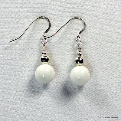 White Jade Gemstones & Silver Ball Earrings