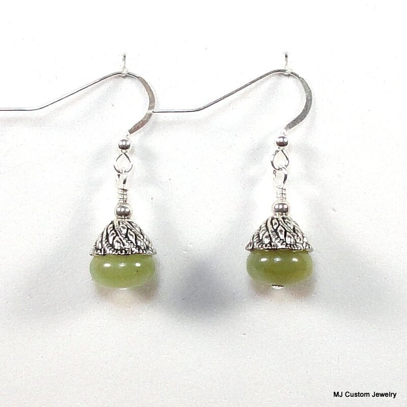Green Apple Jade & Leaf Embossed Bead Cap Earrings