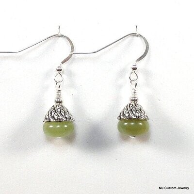 Green Apple Jade & Leaf Embossed Bead Cap Earrings