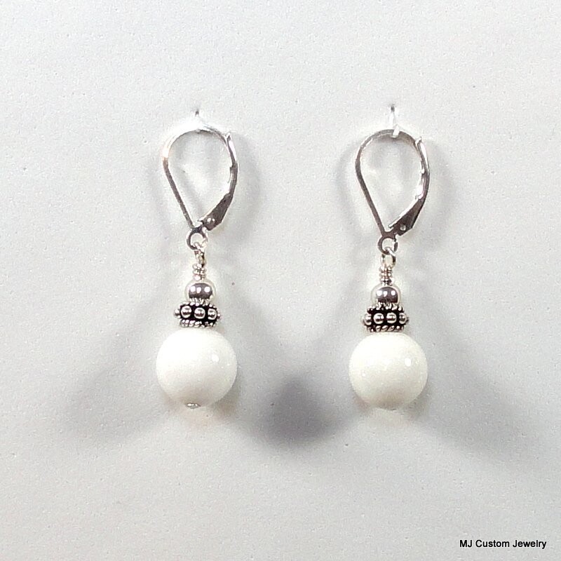White Jade & Bali Silver Rondelle Earrings