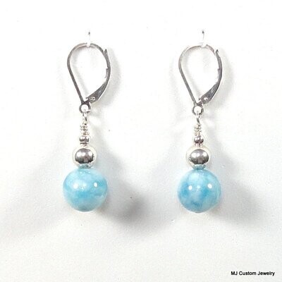 Larimar Blue Jade & Silver Ball Leverback Earrings