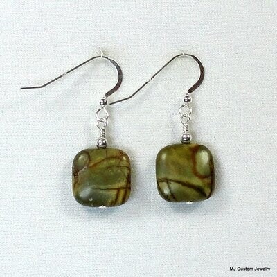 Artistic Picasso Jasper Teal Puffed Square Earrings