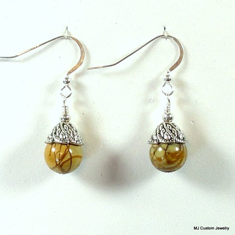 Artistic Picasso Jasper Leaf Embossed Bead Cap Earrings