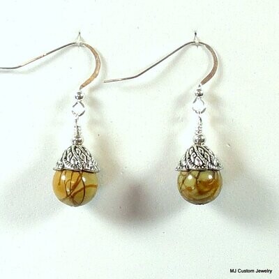 Artistic Picasso Jasper Leaf Embossed Bead Cap Earrings