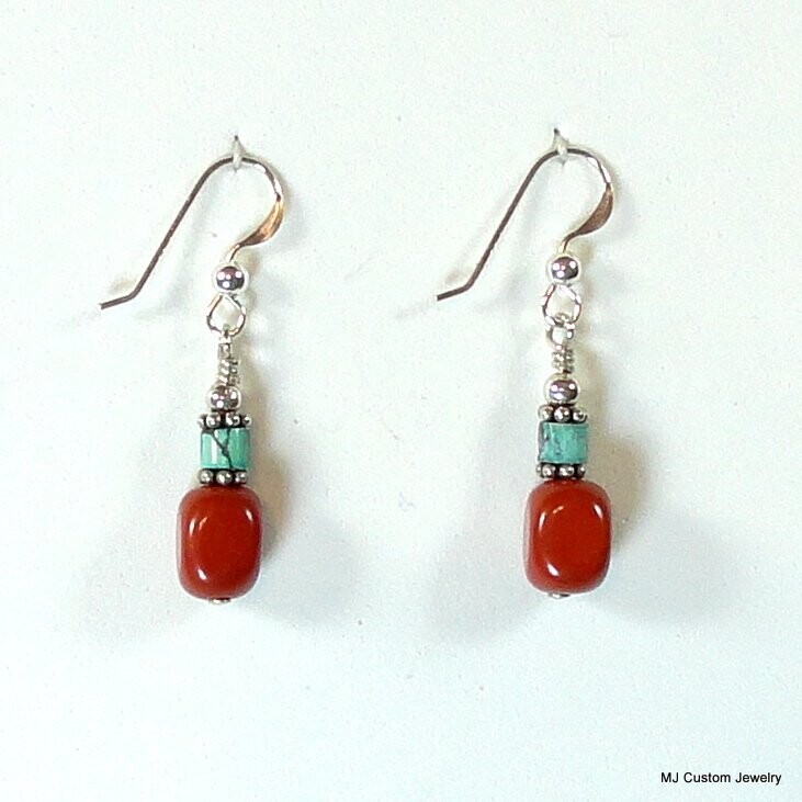 Red Jasper Tumbled Squares & Turquoise Earrings