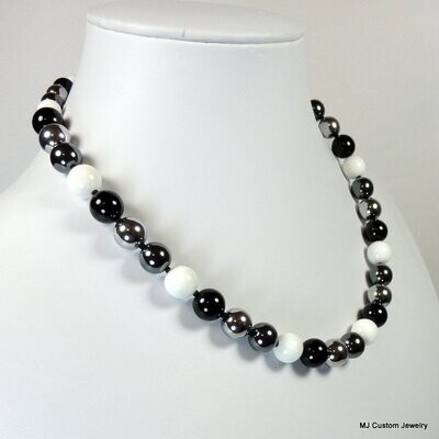 White Jade, Hematite & Onyx Gemstone Necklace