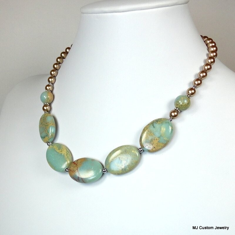 Aqua Terra Jasper Ovals & Swarovski Pearl Necklace