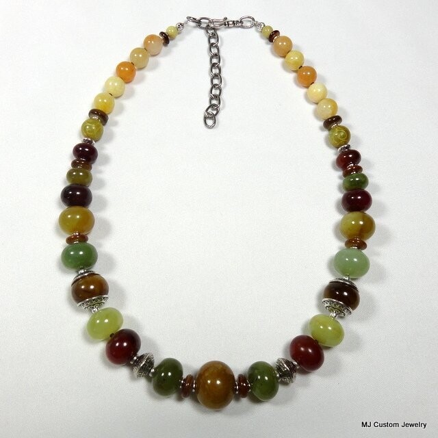 Apple Jade, Yellow Jade & Pewter Saucers Necklace