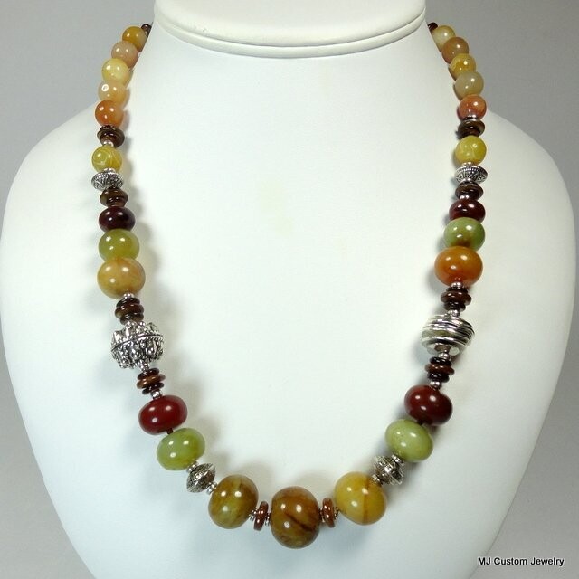 Apple Jade, Yellow Jade & Pewter Focal Bead Necklace