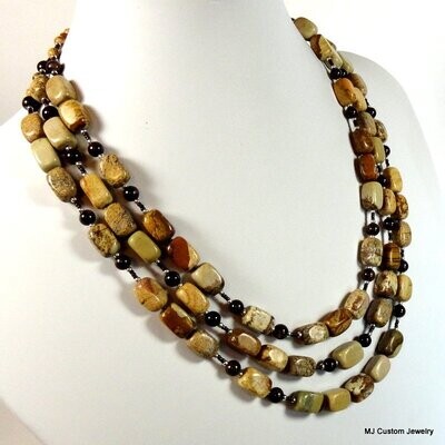Picture Jasper Tumbled Squares Triple Strand Necklace