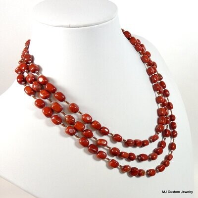 Red Jasper Tumbled Squares Triple Strand Necklace