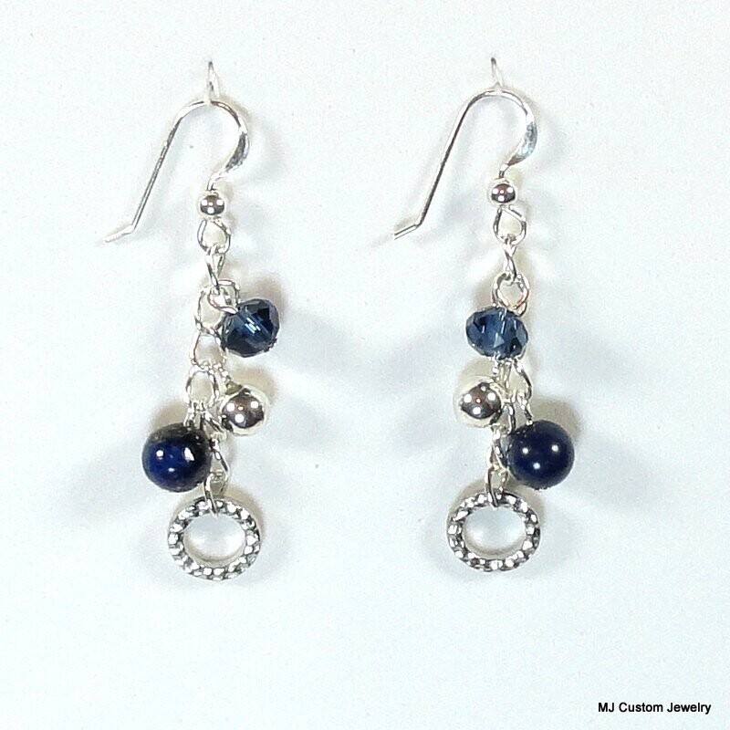Lapis Lazuli, Crystal & Hammered Ring Chain Earrings
