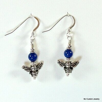 Lapis Lazuli Gemstones & Silver Honey Bee Earrings