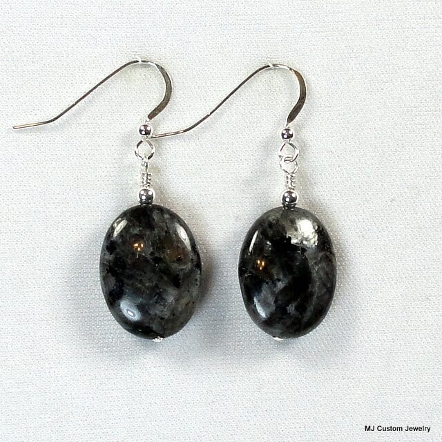 Larvikite Large Flat Oval Gemstone Earrings