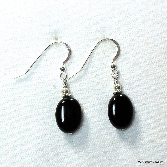 Black Obsidian Flat Ovals & Bali Silver Earrings