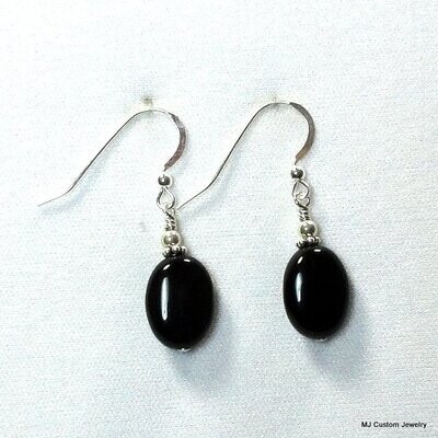 Black Obsidian Flat Ovals & Bali Silver Earrings