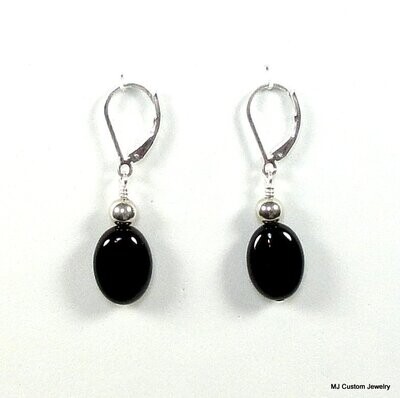 Black Obsidian Oval Gemstone & Silver Ball Earrings