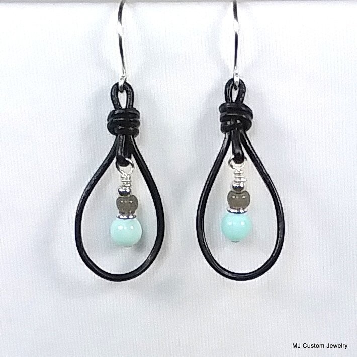 Peruvian Blue Opal Knotted Leather Earrings