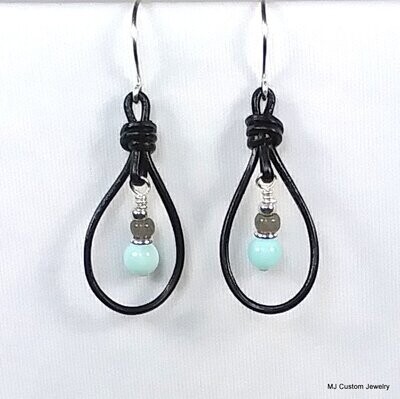Peruvian Blue Opal Knotted Leather Earrings