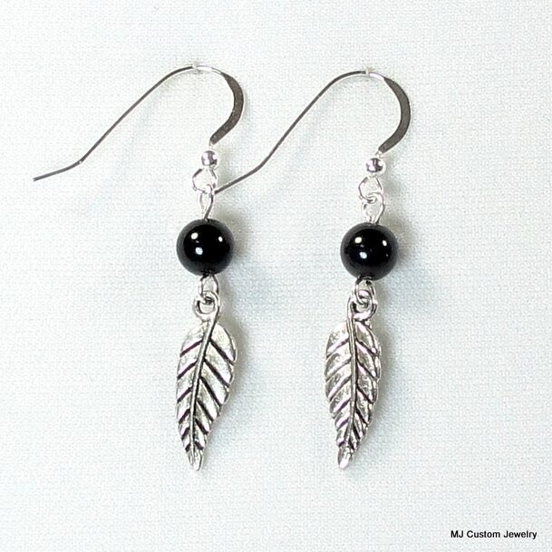 Onyx & Silver Feather Dangle Earrings