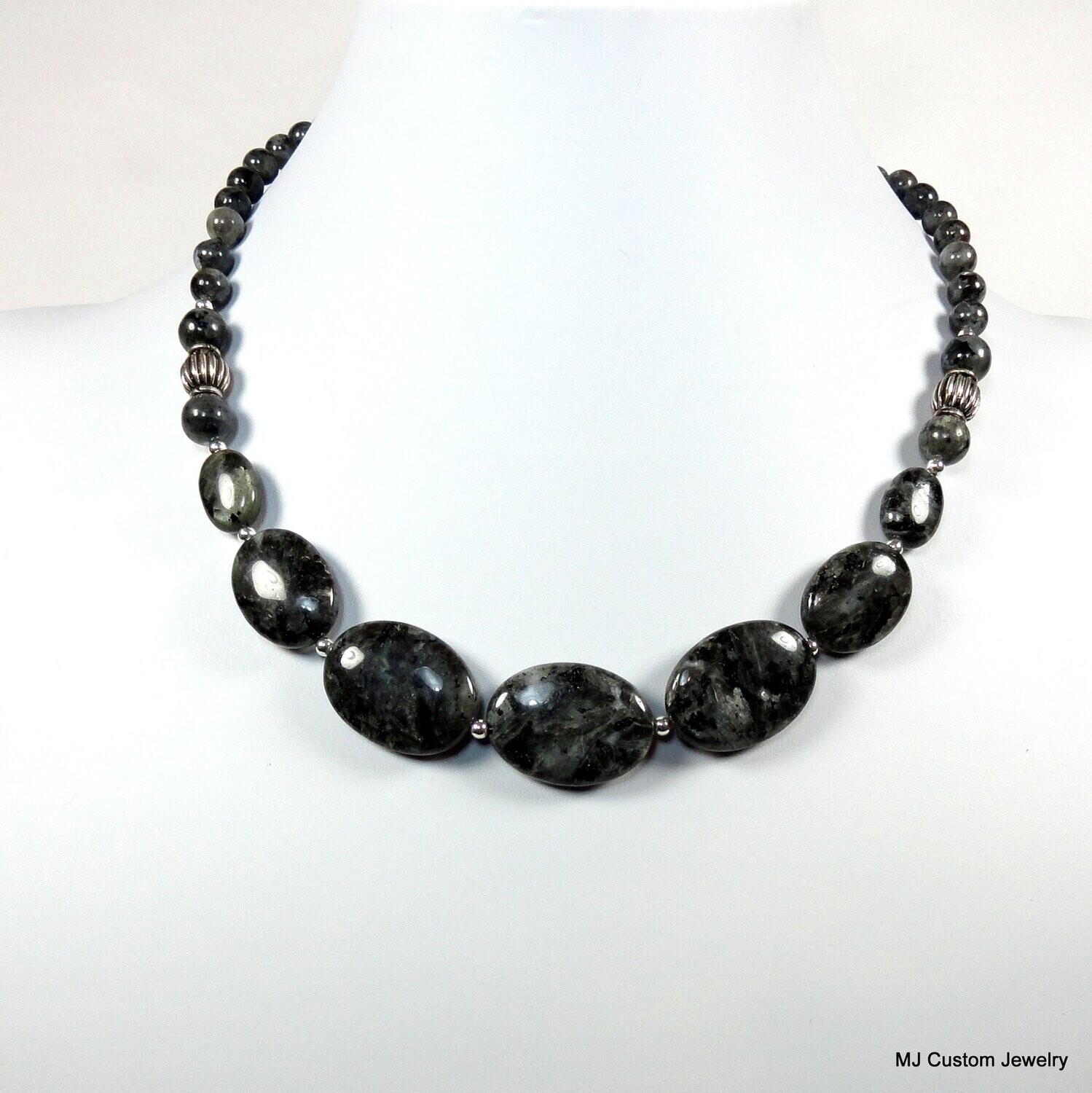 Larvikite Graduating Ovals & Bali Silver Necklace