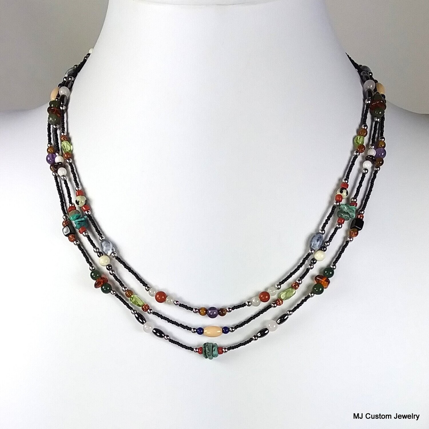 Triple Strand Multi-gemstone Necklace