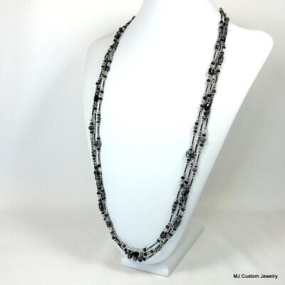35" Snowflake Obsidian & Crystal Triple Necklace