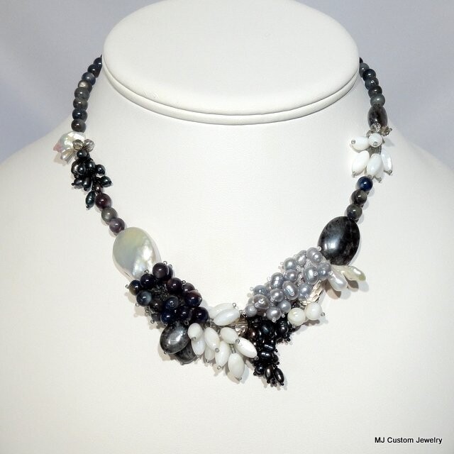 FW Pearl, MOP & Larvikite Venetian Style Necklace