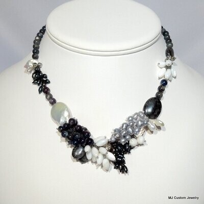 FW Pearl, MOP & Larvikite Venetian Style Necklace