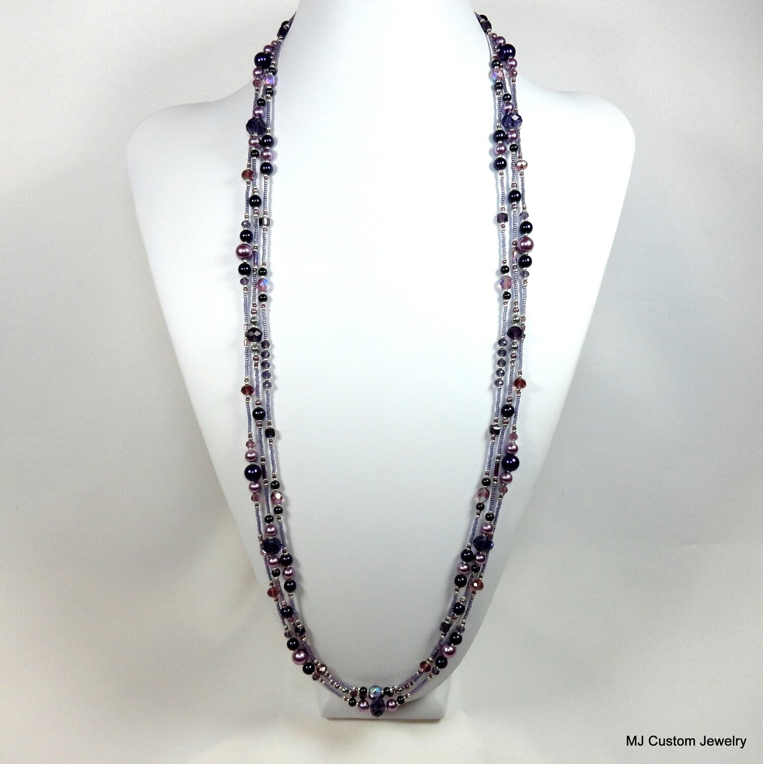 35" Violet & Lilac Pearl & Crystal Triple Necklace