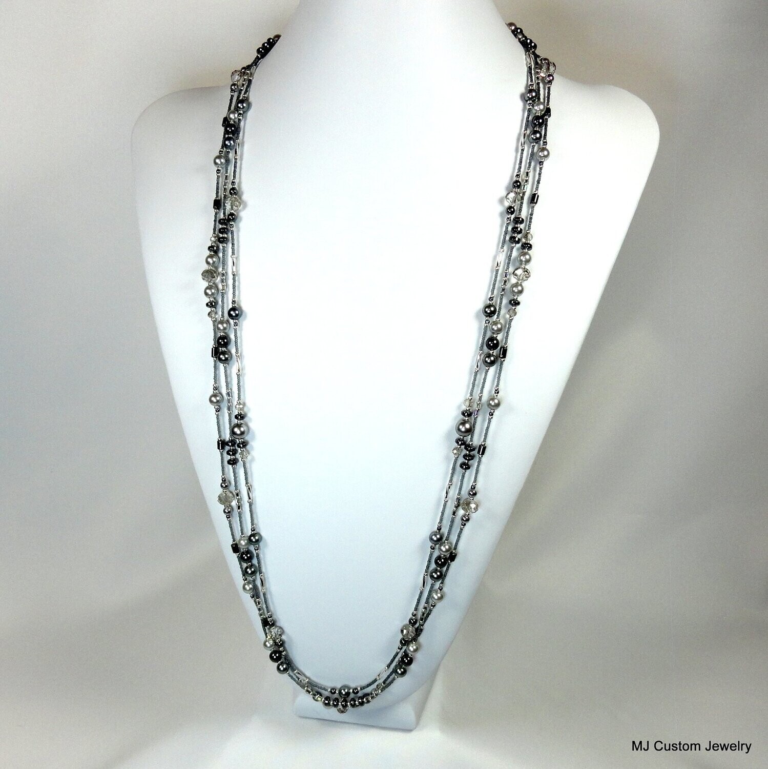 35" Silver & Charcoal Pearl & Crystal Triple Necklace