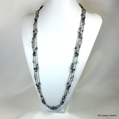 35" Silver & Charcoal Pearl & Crystal Triple Necklace