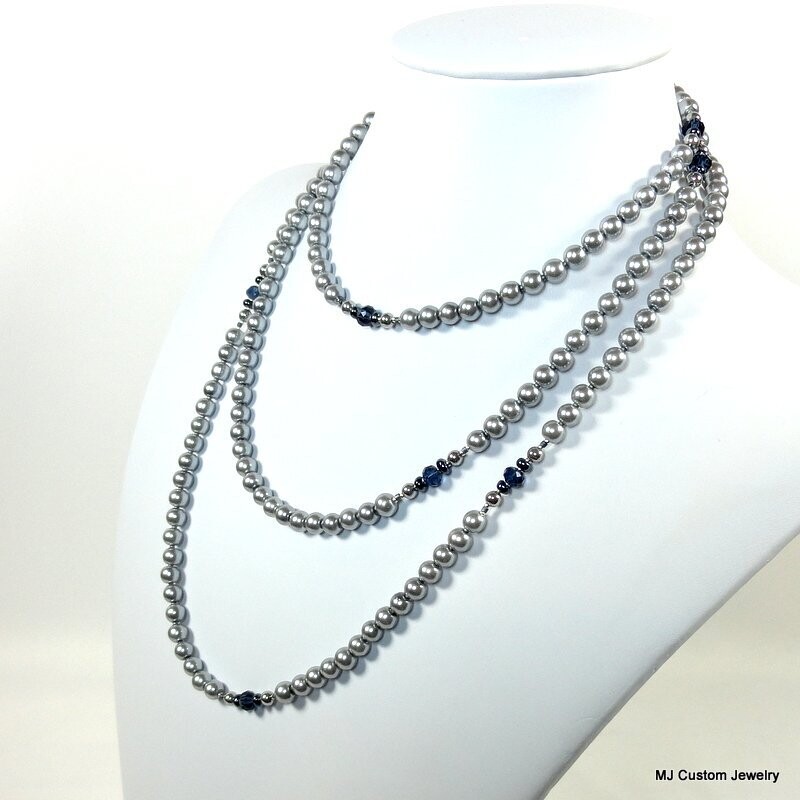 Silver Blue Pearl "Almost Endless" 56" Necklace