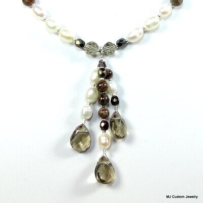 Freshwater Pearl & Smoke Crystal Tassel Pendant Necklace