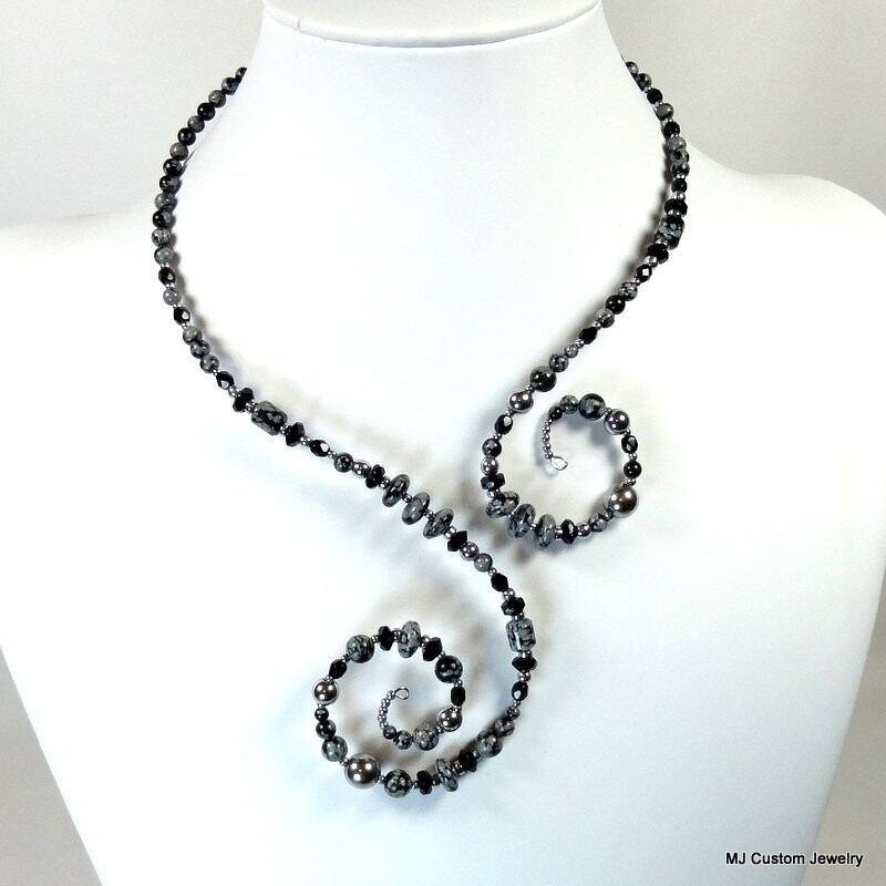 Snowflake Obsidian Double Coil Memory Wire Necklace