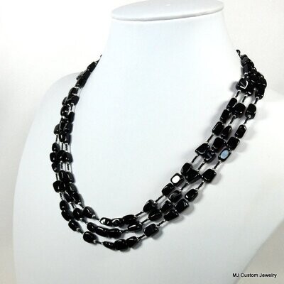 Onyx Tumbled Square Nuggets Triple Strand Necklace