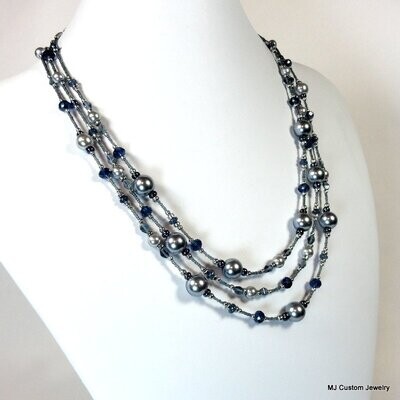 Silver Blue Pearl & Navy Crystal Triple Strand Necklace
