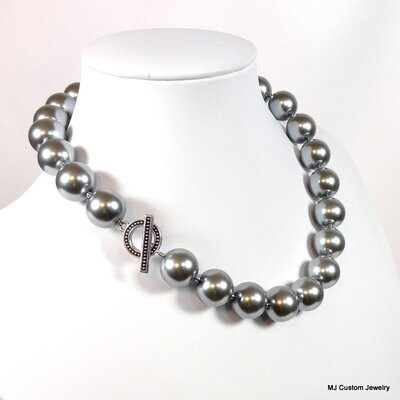 Jumbo Silver Blue Pearl & Bali-Style Toggle Necklace