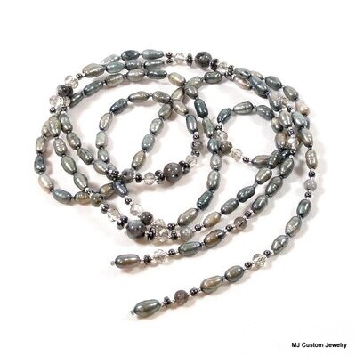 Smoky Grey Freshwater Pearl, Larvikite & Crystal 35" Lariat