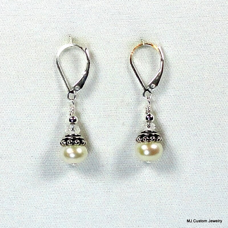 Freshwater Button Pearl, Crystal & Bali-Style Bead Cap Earrings