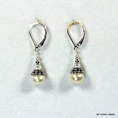 Freshwater Button Pearl, Crystal & Bali-Style Bead Cap Earrings