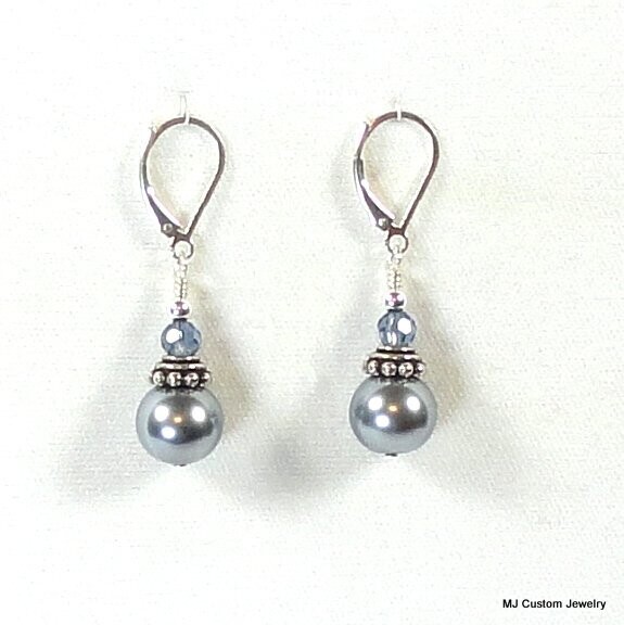 Silver Blue Pearl & Crystal Bali-Style Bead Cap Earrings